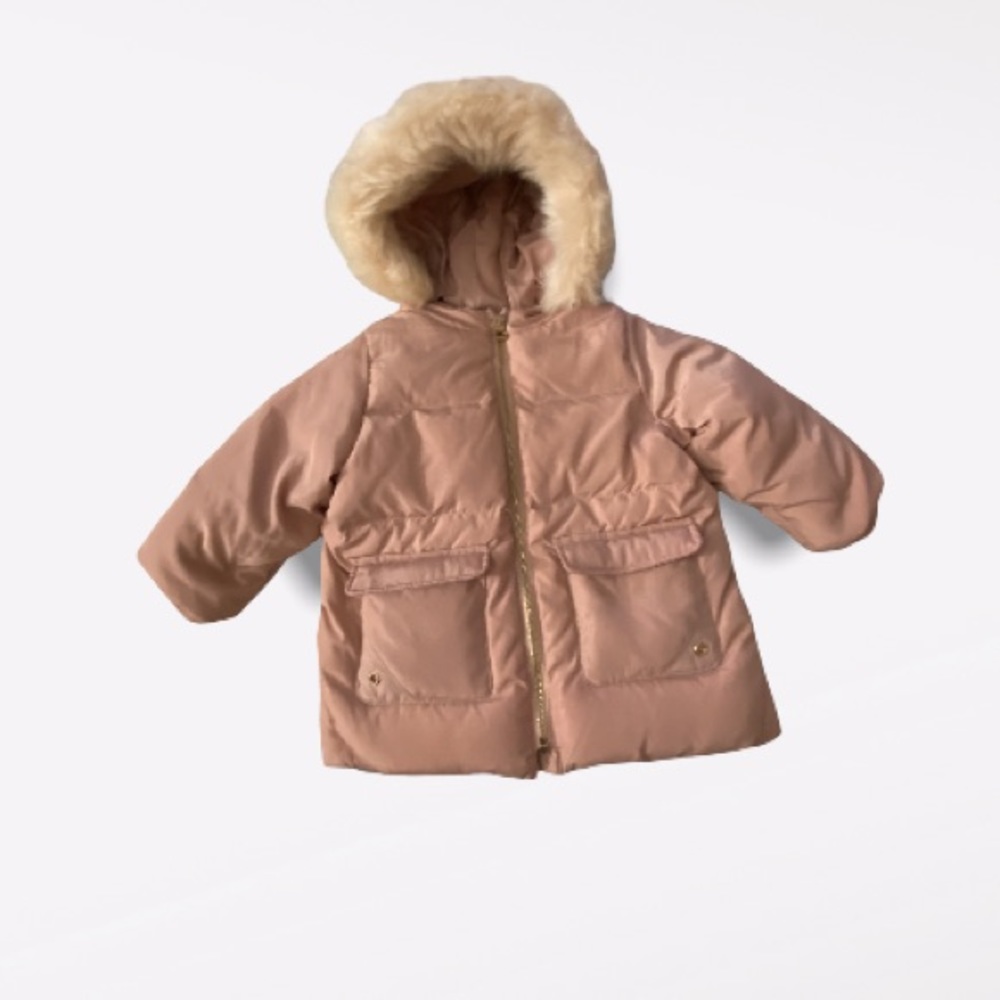 Zara Kids Pink Puffer Coat with Faux Fur Hood